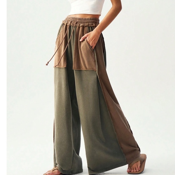 Color Block Stretchy Waist Drawstring Pockets Wide Leg Pants - Picture 4 of 5